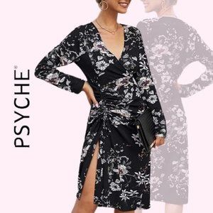Psyche NEW Black Floral Ruched-Side V-Neck Summer Sexy Dress